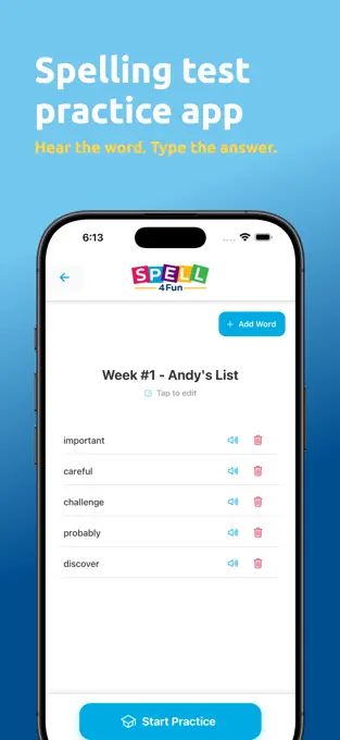 Spell4Fun word list — Hear the word. Type the answer.